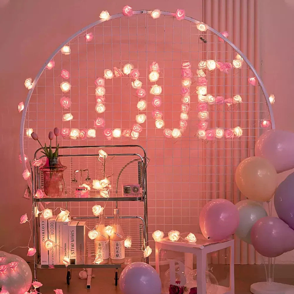 20 Pink n White Rose 3D Fairy Lights 3M String, Battery (AA) Indoor & Outdoor Decorations Wedding Valentines Romantic Room Table Lighting 3
