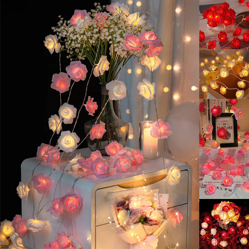 20 Pink n White Rose 3D Fairy Lights 3M String, Battery (AA) Indoor & Outdoor Decorations Wedding Valentines Romantic Room Table Lighting 5