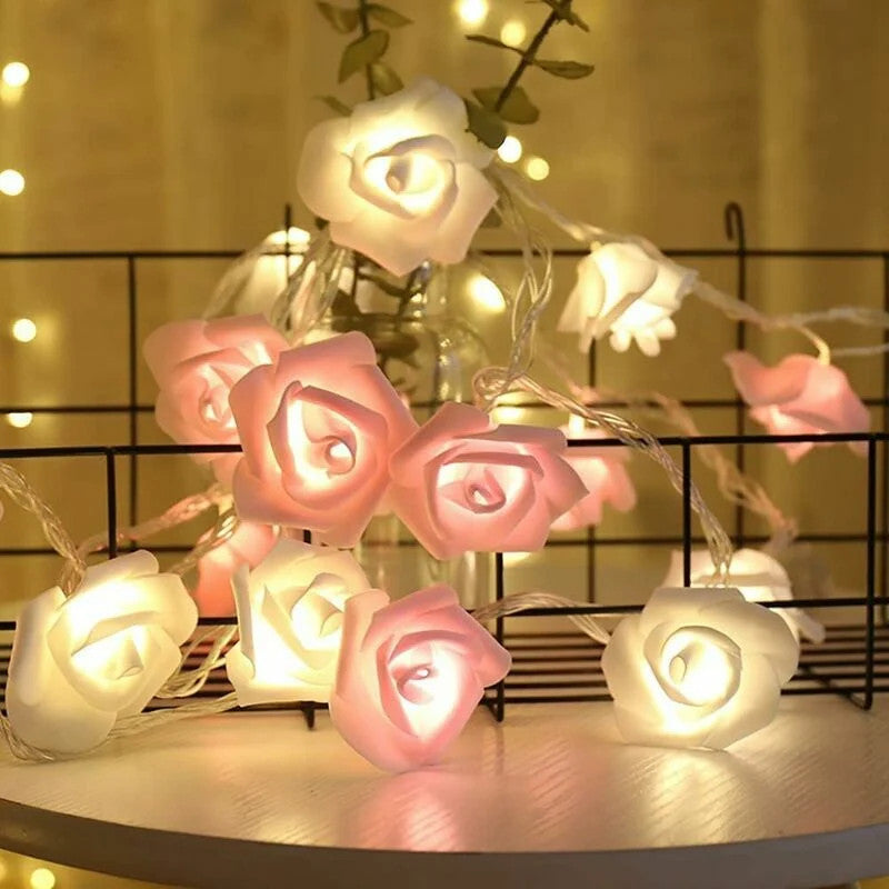 20 Pink n White Rose 3D Fairy Lights 3M String, Battery (AA) Indoor & Outdoor Decorations Wedding Valentines Romantic Room Table Lighting 7