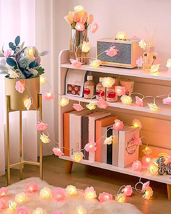 50 Pink n White Rose 3D Fairy Lights 5M LONG String, Battery (AA) Indoor & Outdoor Decorations Wedding Valentines Romantic Room Table Lighting 8