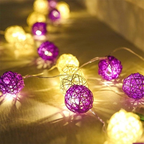 1 Set of Purple n White 5cm Rattan Cane 20 Ball Battery Powered 3m String Lights Christmas Gift Home Wedding Party Bedroom Decoration Table Centrepiece 3