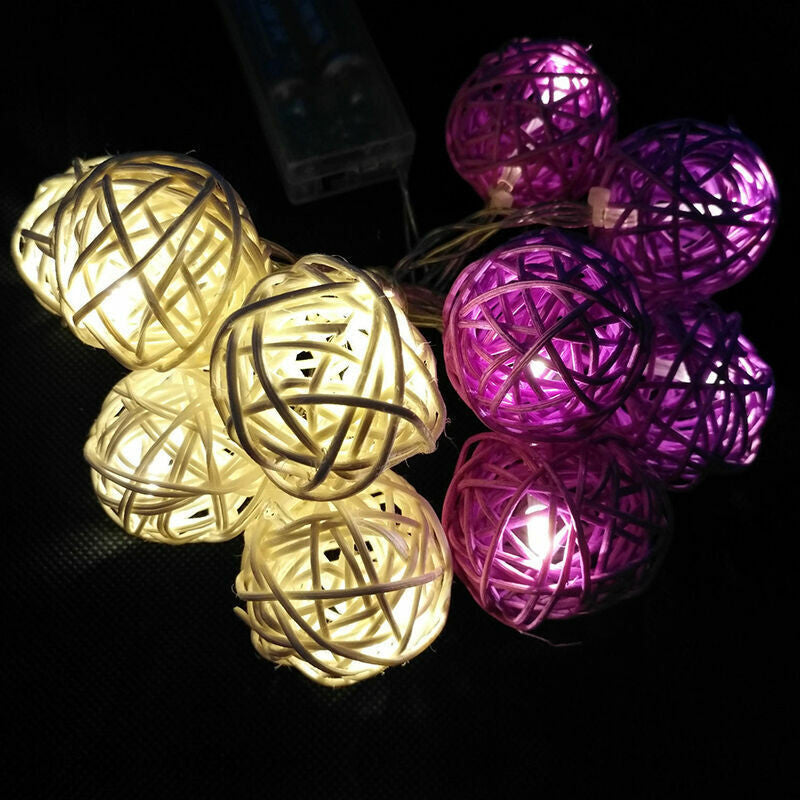 1 Set of Purple n White 5cm Rattan Cane 20 Ball Battery Powered 3m String Lights Christmas Gift Home Wedding Party Bedroom Decoration Table Centrepiece 6