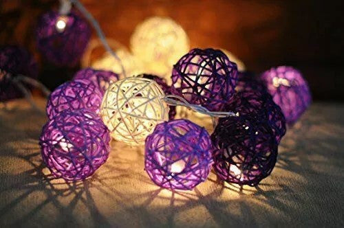 1 Set of Purple n White 5cm Rattan Cane 20 Ball Battery Powered 3m String Lights Christmas Gift Home Wedding Party Bedroom Decoration Table Centrepiece 7