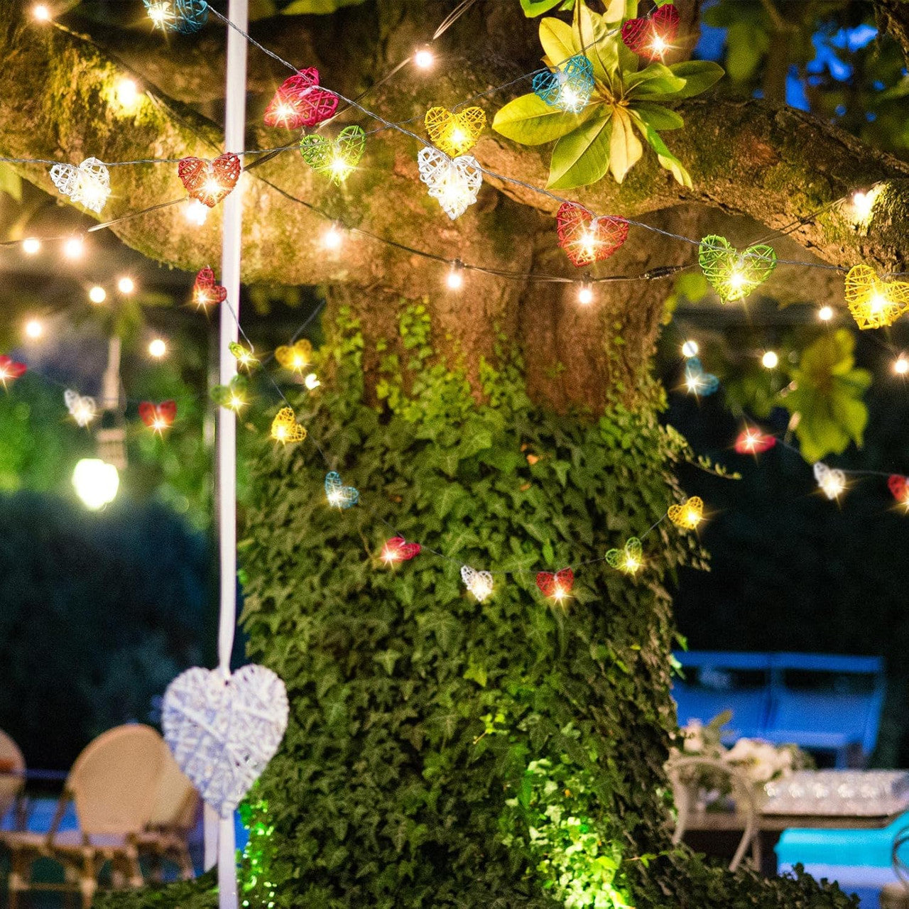 50 Rainbow 3D Hollowed Rattan Heart-Shaped 5M LONG String Fairy Lights, Battery (AA) Indoor & Outdoor Decorations Birthday Kids Celebration PartyRoom Table Lighting 6