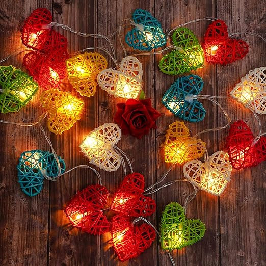 50 Rainbow 3D Hollowed Rattan Heart-Shaped 5M LONG String Fairy Lights, Battery (AA) Indoor & Outdoor Decorations Birthday Kids Celebration PartyRoom Table Lighting 7