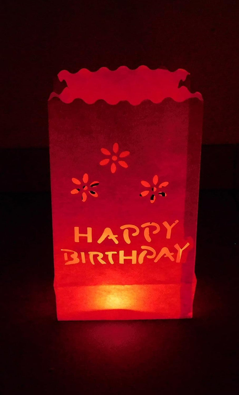 20 Pack Red Happy Birthday Luminary Paper Candle Tea Light Lantern Bags Garden Anniversary Birthday Night Decorations Evening Party 6