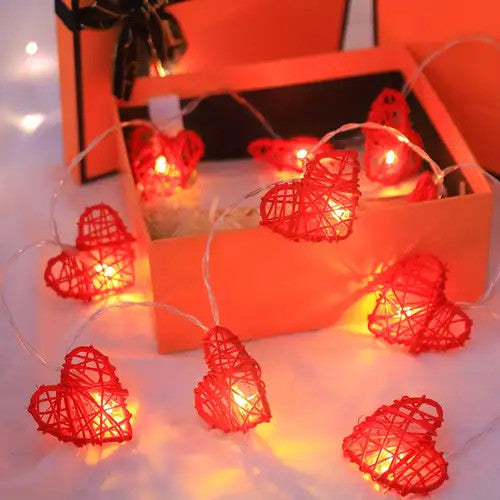 50 Red 3D Hollowed Rattan Heart-Shaped 5M LONG String Fairy Lights, Battery (AA) Indoor & Outdoor Decorations Wedding Valentines Romantic Room Table Lighting