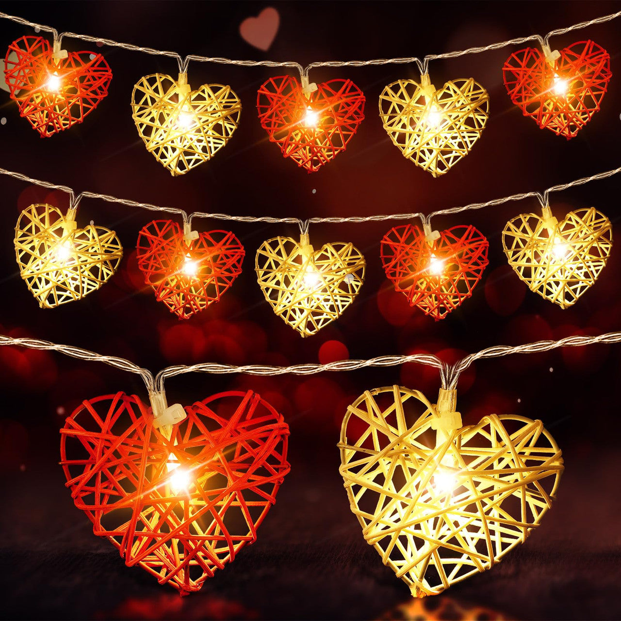 20 Red and White 3D Hollowed Rattan Heart-Shaped 3M String Fairy Lights, Battery (AA) Indoor & Outdoor Decorations Wedding Valentines Romantic Room Table Lighting 3
