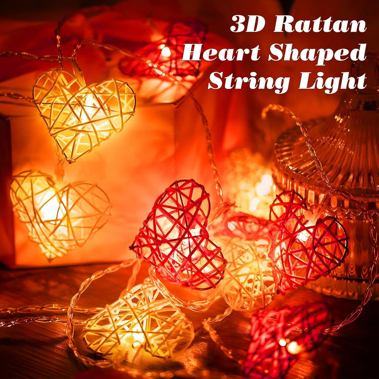 20 Red and White 3D Hollowed Rattan Heart-Shaped 3M String Fairy Lights, Battery (AA) Indoor & Outdoor Decorations Wedding Valentines Romantic Room Table Lighting 4