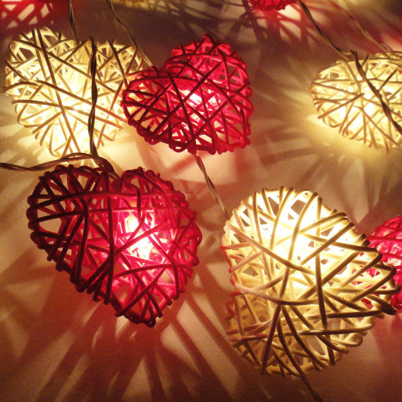 20 Red and White 3D Hollowed Rattan Heart-Shaped 3M String Fairy Lights, Battery (AA) Indoor & Outdoor Decorations Wedding Valentines Romantic Room Table Lighting 9