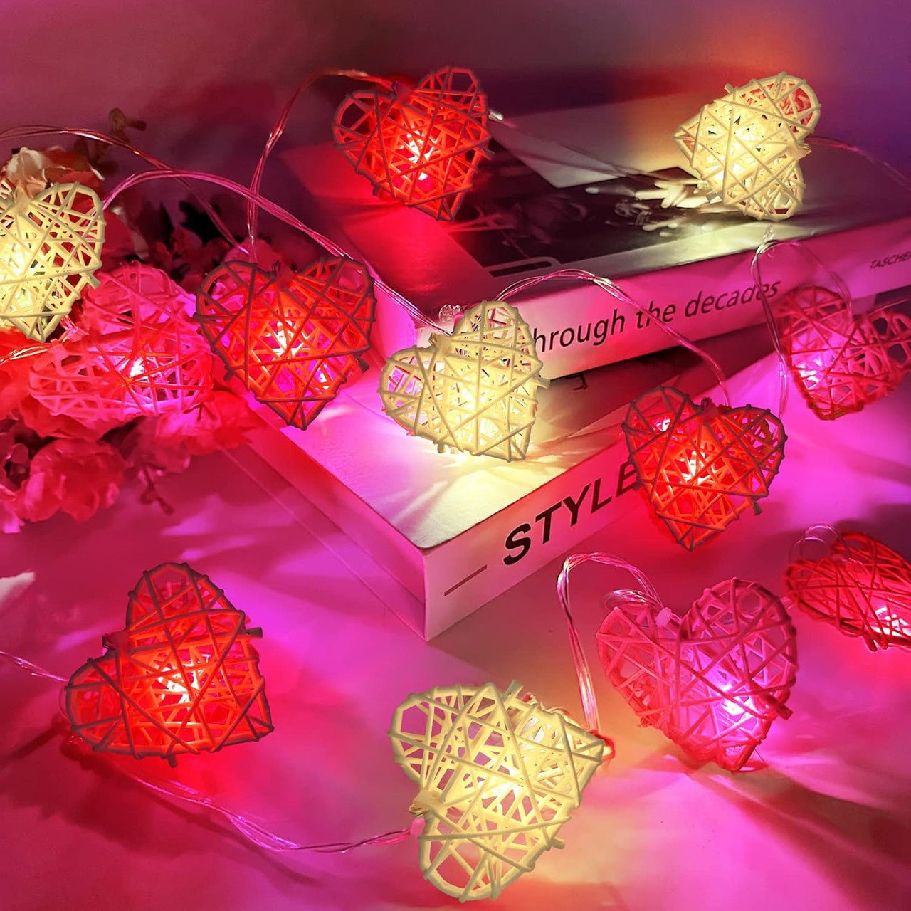 50 Red and White 3D Hollowed Rattan Heart-Shaped 5M LONG String Fairy Lights, Battery (AA) Indoor & Outdoor Decorations Wedding Valentines Romantic Room Table Lighting 4