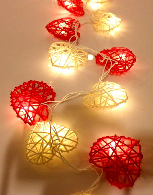 50 Red and White 3D Hollowed Rattan Heart-Shaped 5M LONG String Fairy Lights, Battery (AA) Indoor & Outdoor Decorations Wedding Valentines Romantic Room Table Lighting 8