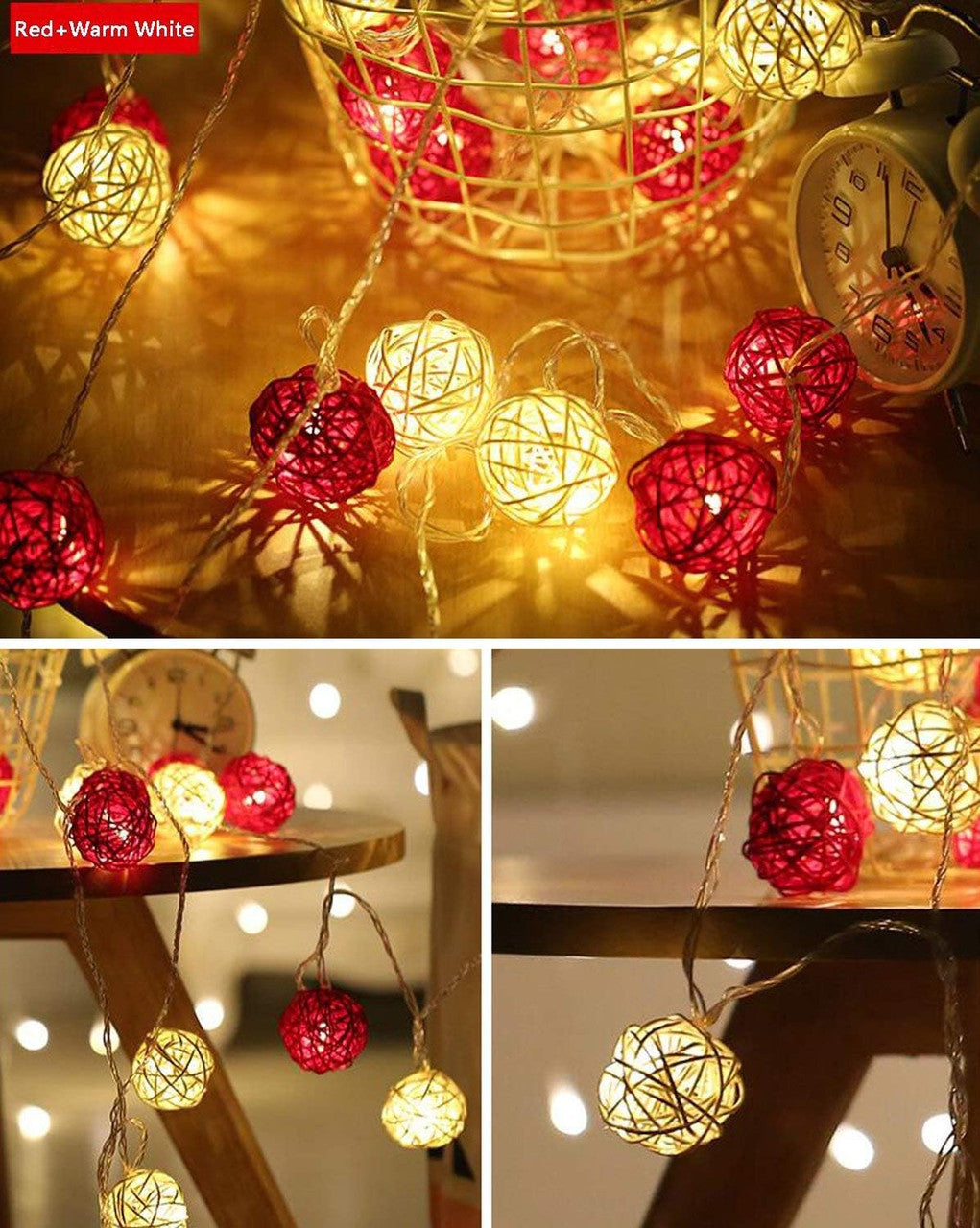 1 Set of Red and White 5cm Rattan Cane 50 Ball Battery Powered LONG 5m String Lights Christmas Gift Home Wedding Party Bedroom Decoration Table Centrepiece 3