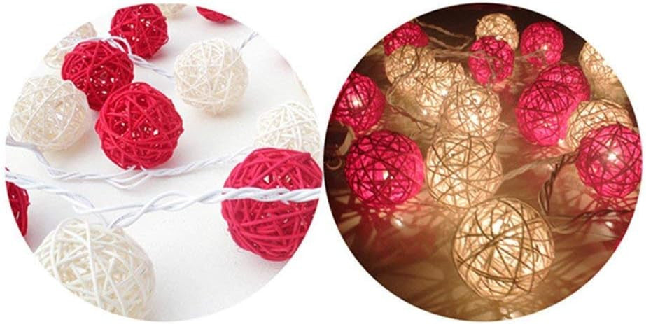 1 Set of Red and White 5cm Rattan Cane 50 Ball Battery Powered LONG 5m String Lights Christmas Gift Home Wedding Party Bedroom Decoration Table Centrepiece 4