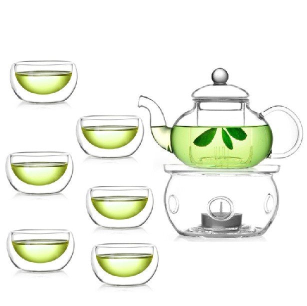 10 Wholesale Sets of Gongfu Chinese Ceremony Tea Set - 6 Glass cups with Infuser and Tealight Candle Pot Warmer 5