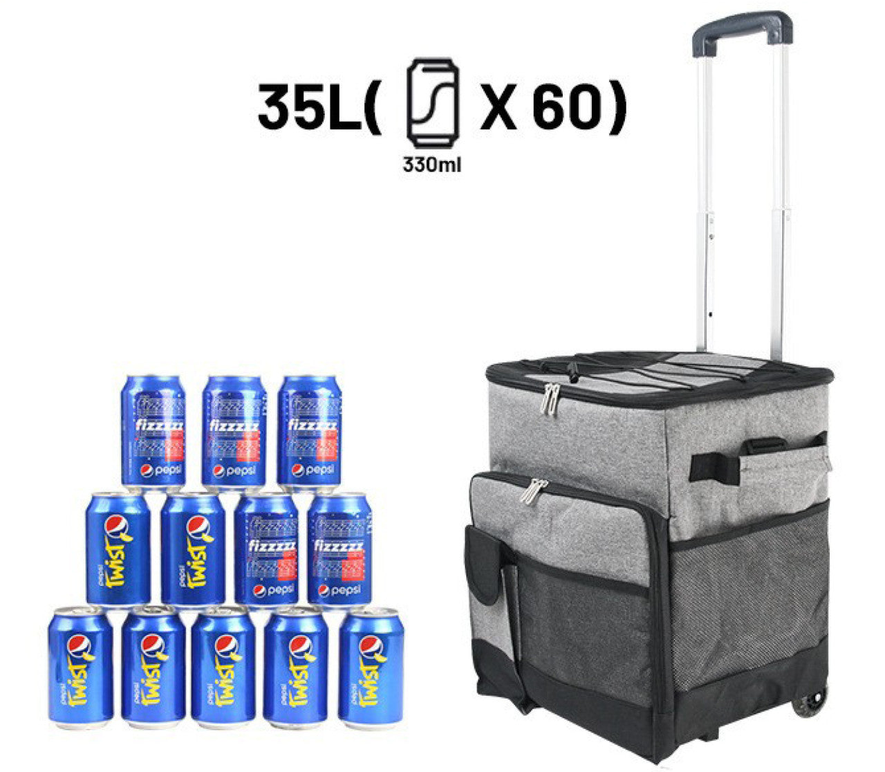 Cooler Picnic Bag Trolley Thermally Insulated - 36L - 60 cans - Grey - Drinks Food Cool Bag Rainproof 6