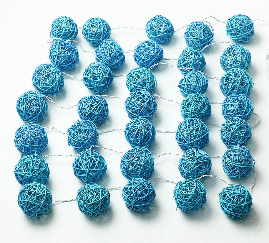 1 Set of Turquoise Blue 5cm Rattan Cane 50 Ball Battery Powered LONG 5m String Lights Christmas Gift Home Wedding Party Bedroom Decoration Table Centrepiece 5