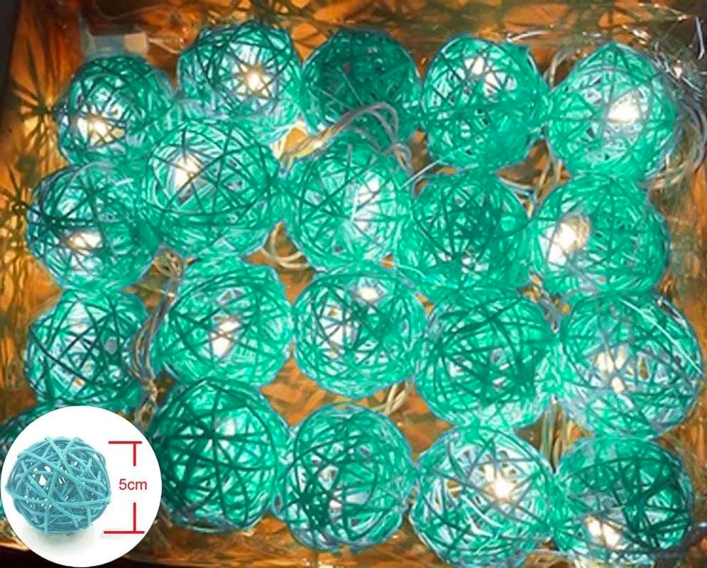 1 Set of Turquoise Blue 5cm Rattan Cane 50 Ball Battery Powered LONG 5m String Lights Christmas Gift Home Wedding Party Bedroom Decoration Table Centrepiece 6