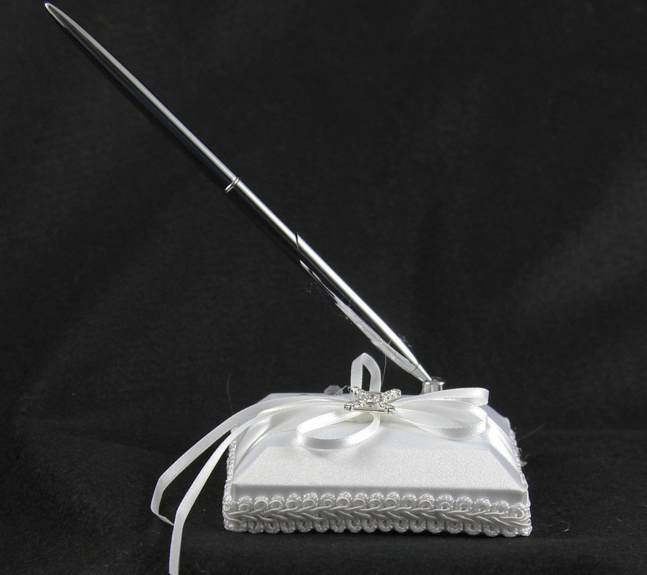 White Wedding Guest Book Register with Silver Pen Matching Stand Set 36 Lined Pages - White Ribbon and Diamante Bow Cover 3