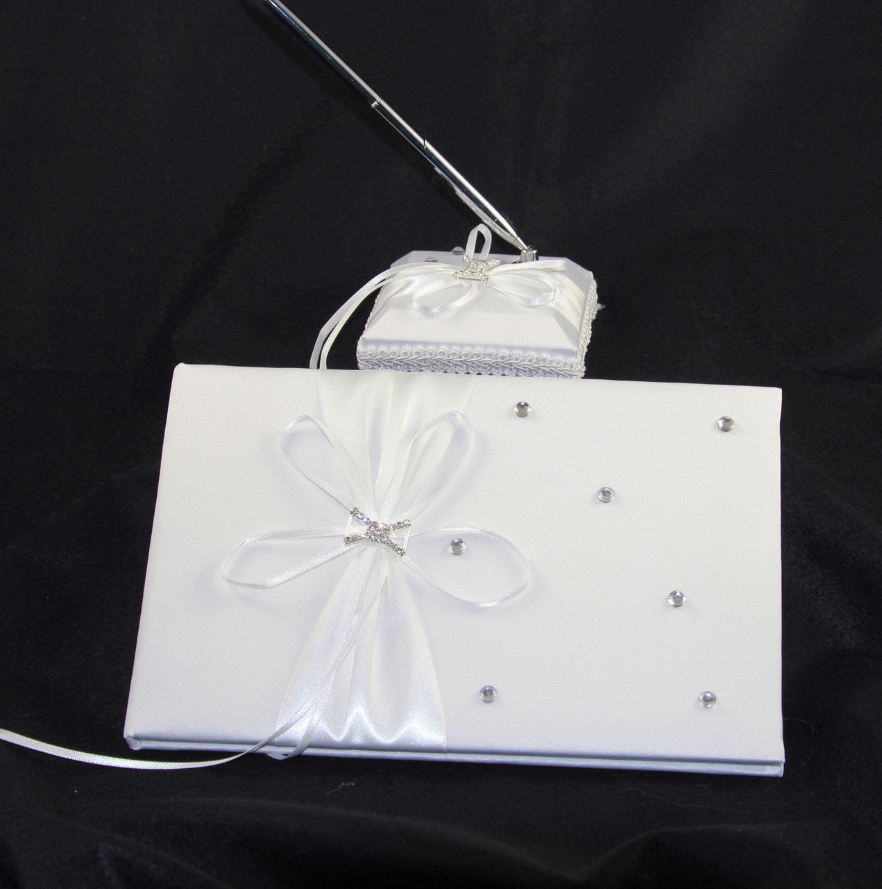 White Wedding Guest Book Register with Silver Pen Matching Stand Set 36 Lined Pages - White Ribbon and Diamante Bow Cover 8