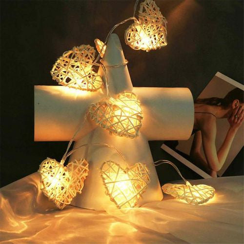 20 White 3D Hollowed Rattan Heart-Shaped 3M String Fairy Lights, Battery (AA) Indoor & Outdoor Decorations Wedding Valentines Romantic Room Table Lighting 6