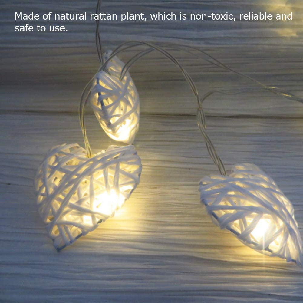 50 White 3D Hollowed Rattan Heart-Shaped 5M LONG String Fairy Lights, Battery (AA) Indoor & Outdoor Decorations Wedding Valentines Romantic Room Table Lighting 3