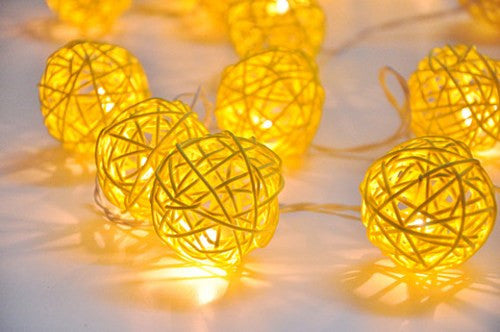 1 Set of Yellow 5cm Rattan Cane 20 Ball Battery Power 3m String Lights Christmas Gift Home Wedding Party Bedroom Decoration Table Centrepiece 7