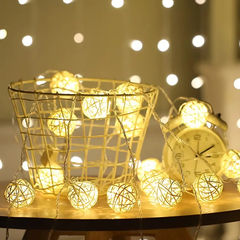 1 Set of Yellow 5cm Rattan Cane 50 Ball Battery Power LONG 5m String Lights Christmas Gift Home Wedding Party Bedroom Decoration Table Centrepiece 3