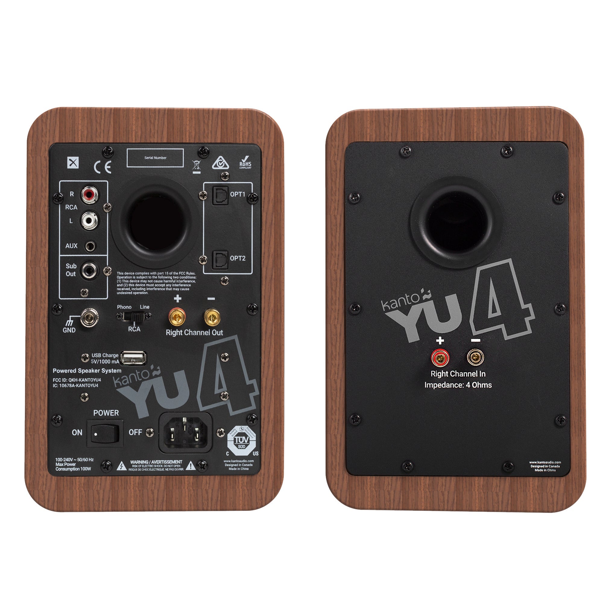 Kanto YU4 140W Powered Bookshelf Speakers with Bluetooth and Phono Preamp - Pair, Walnut 4