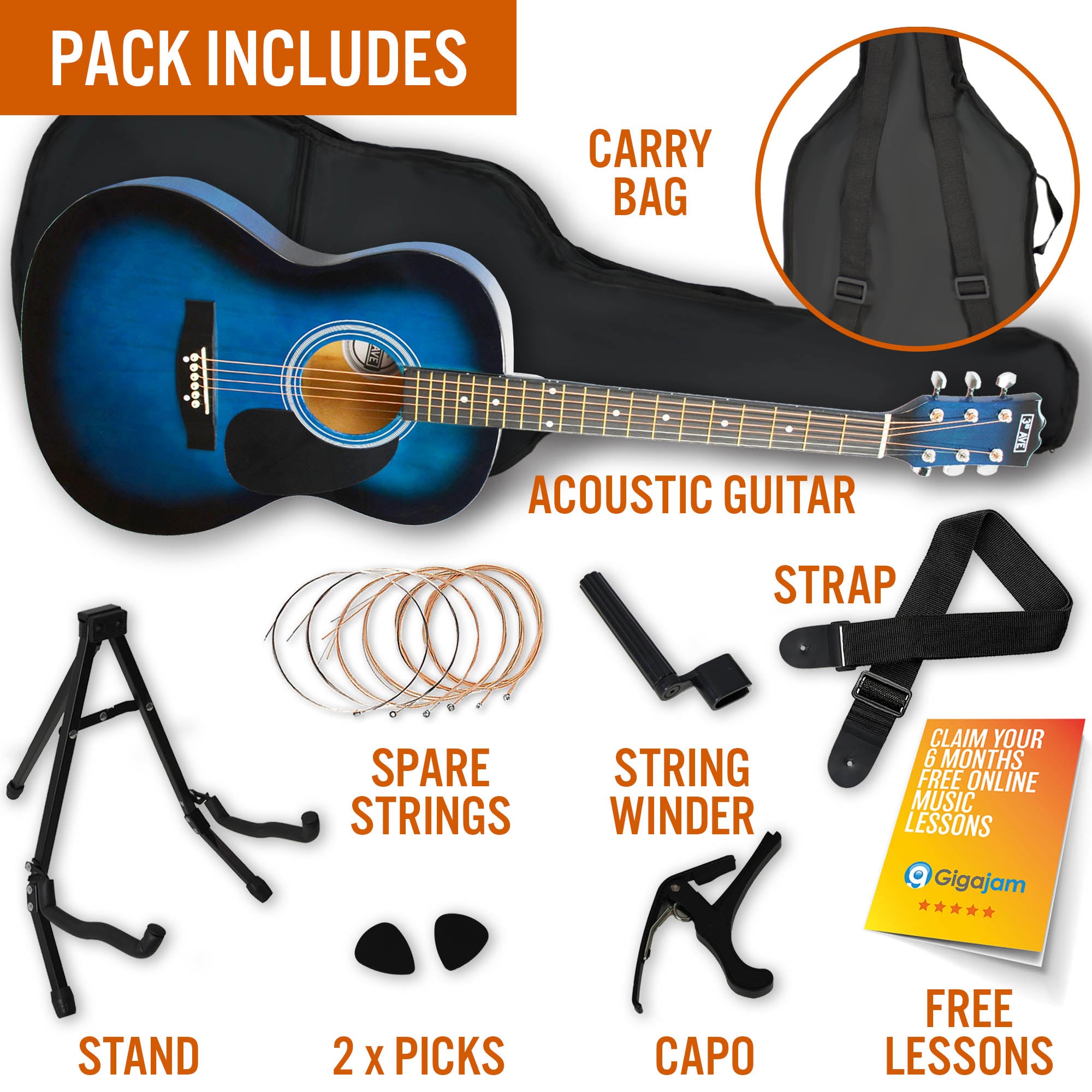 3rd Avenue Acoustic Guitar Premium Pack - Blueburst 5