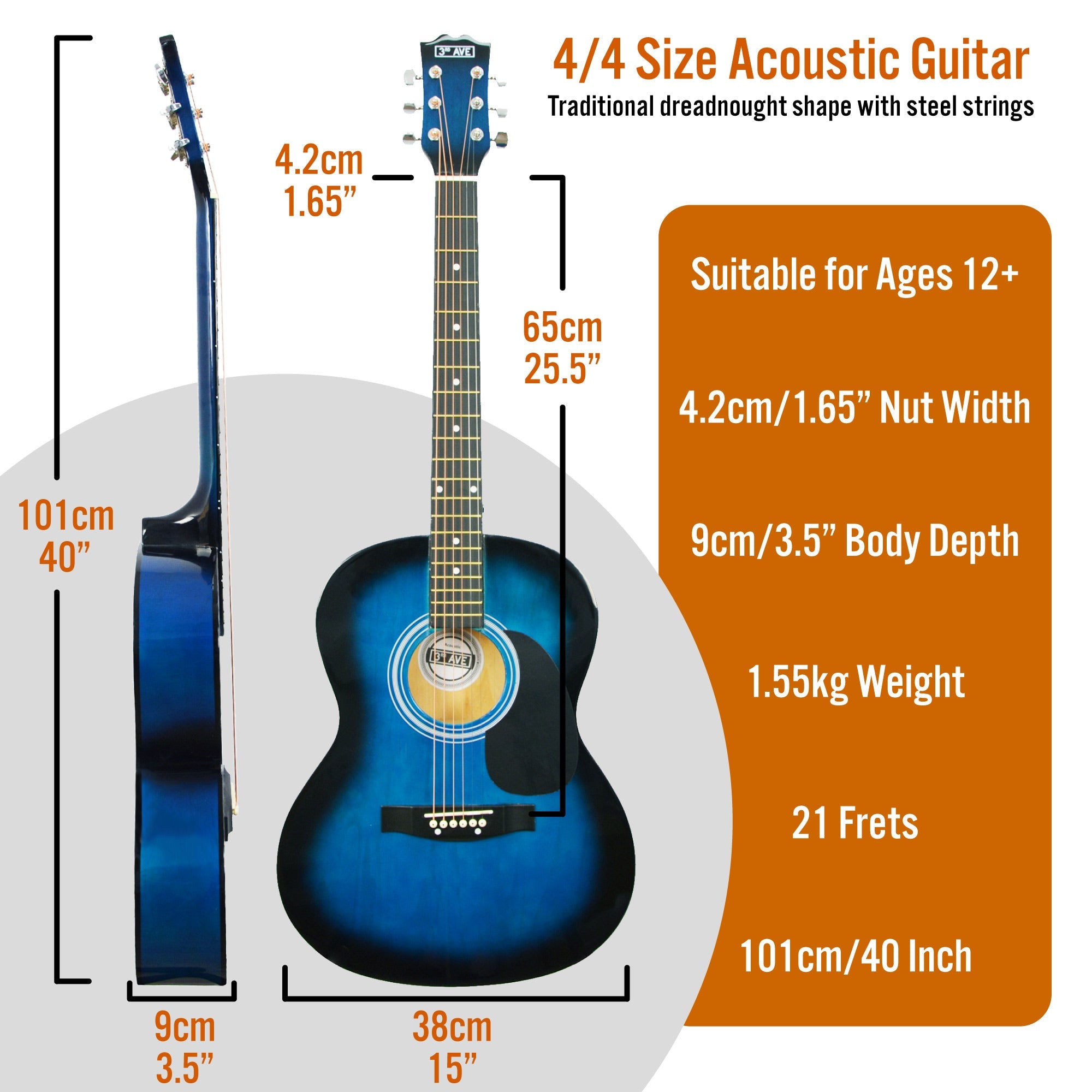 3rd Avenue Acoustic Guitar Premium Pack - Blueburst 9