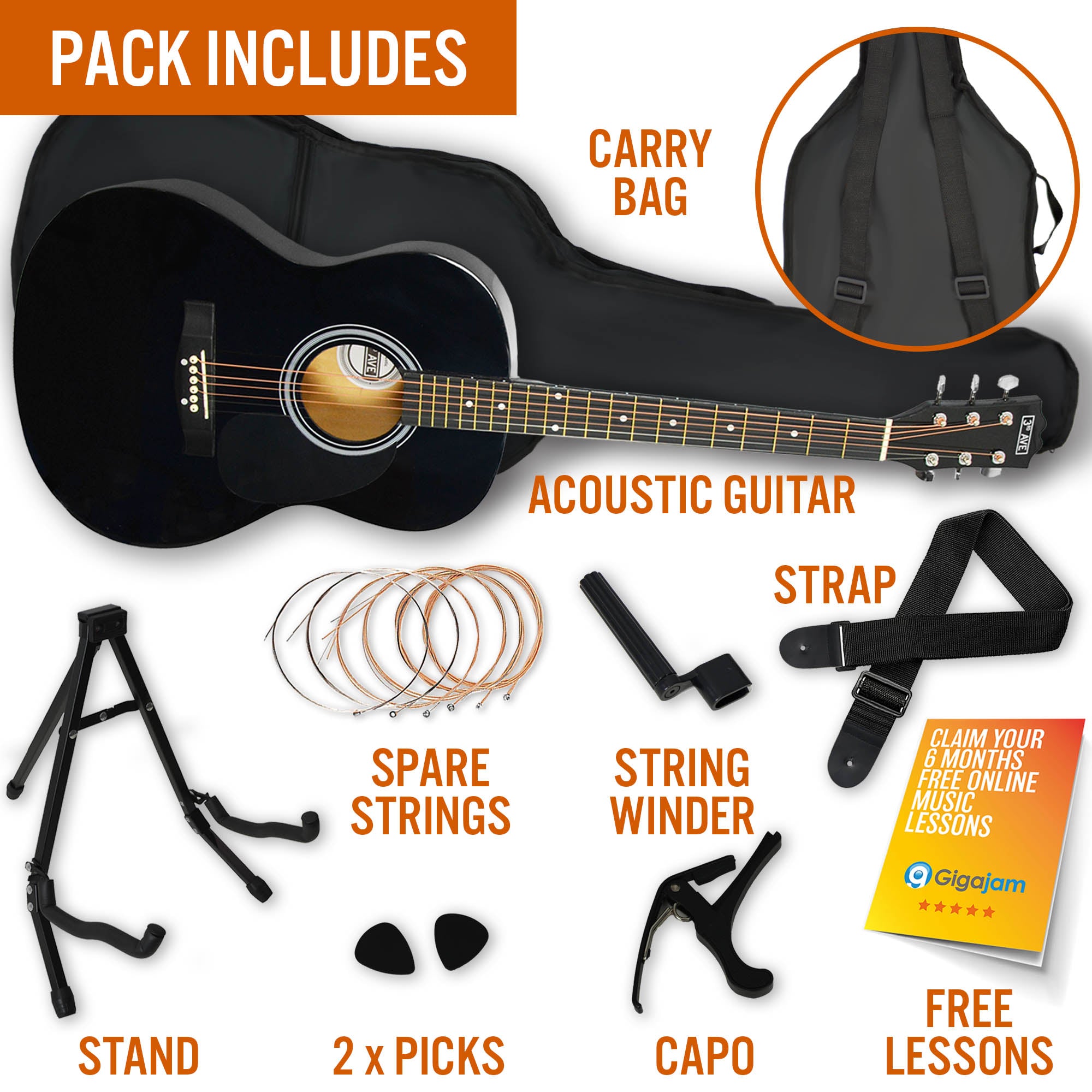 3rd Avenue Acoustic Guitar Premium Pack - Black 5