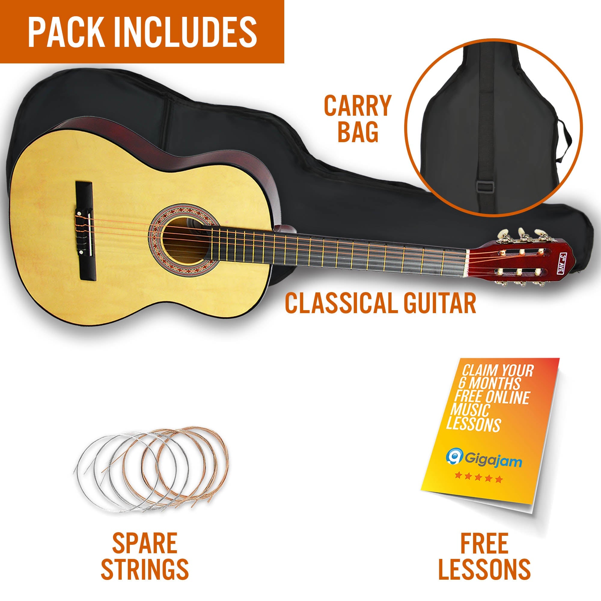 3rd Avenue Full Size Classical Guitar Pack - Natural 5