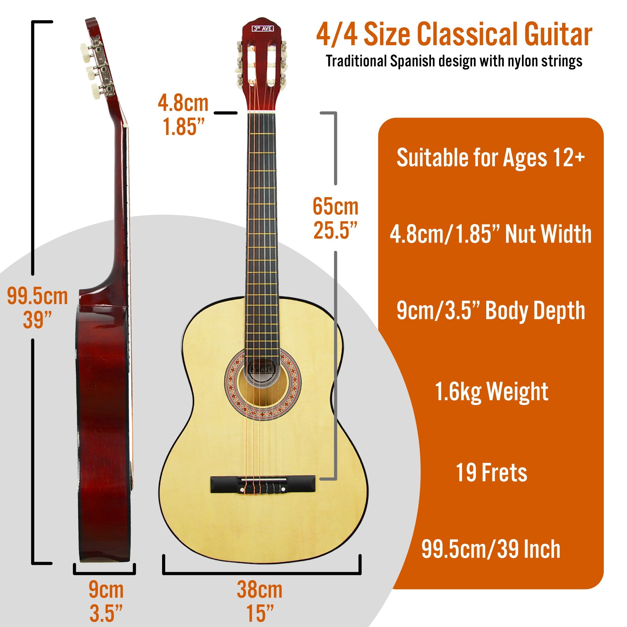 3rd Avenue Full Size Classical Guitar Pack - Natural 9