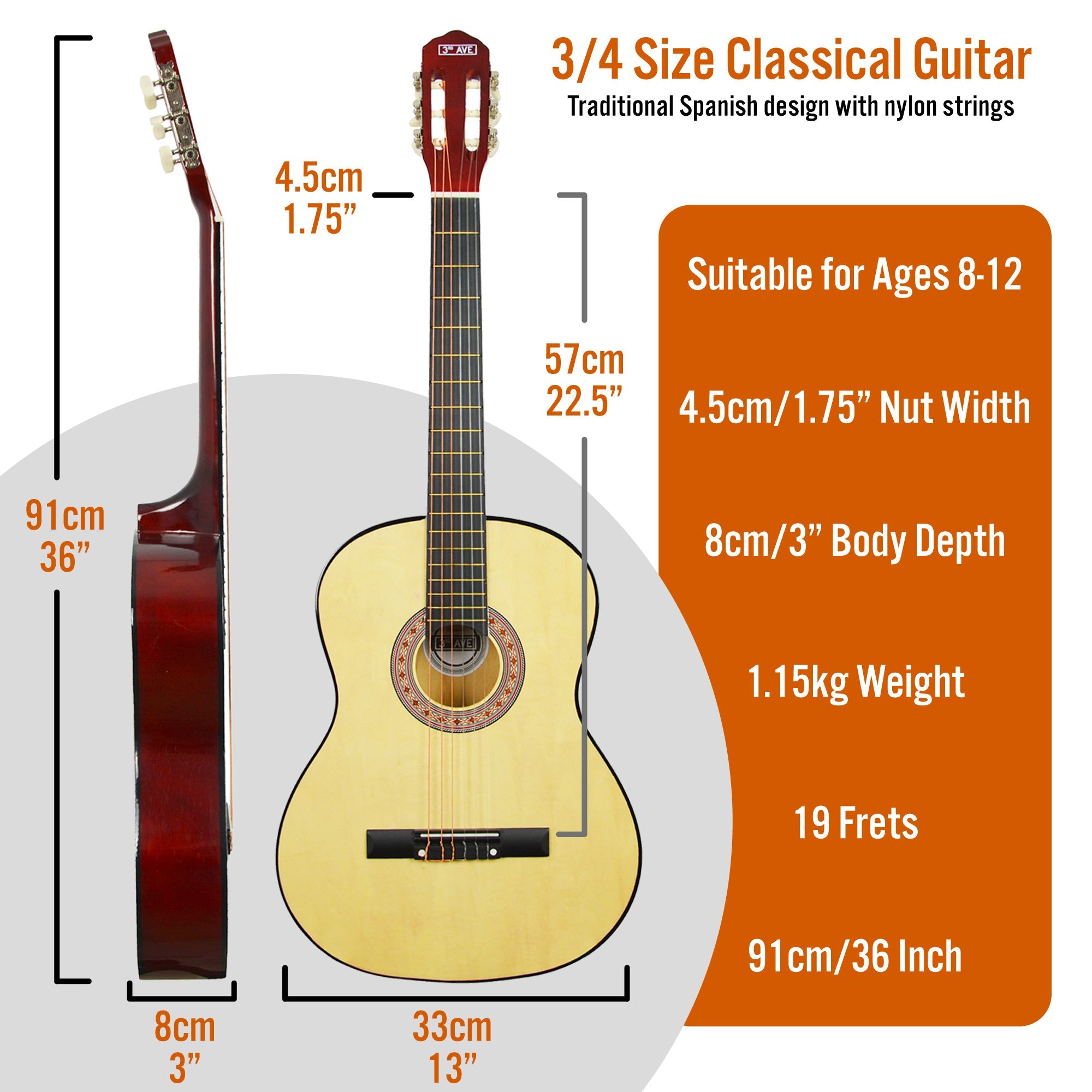 3rd Avenue 3/4 Size Classical Guitar Pack - Natural 4