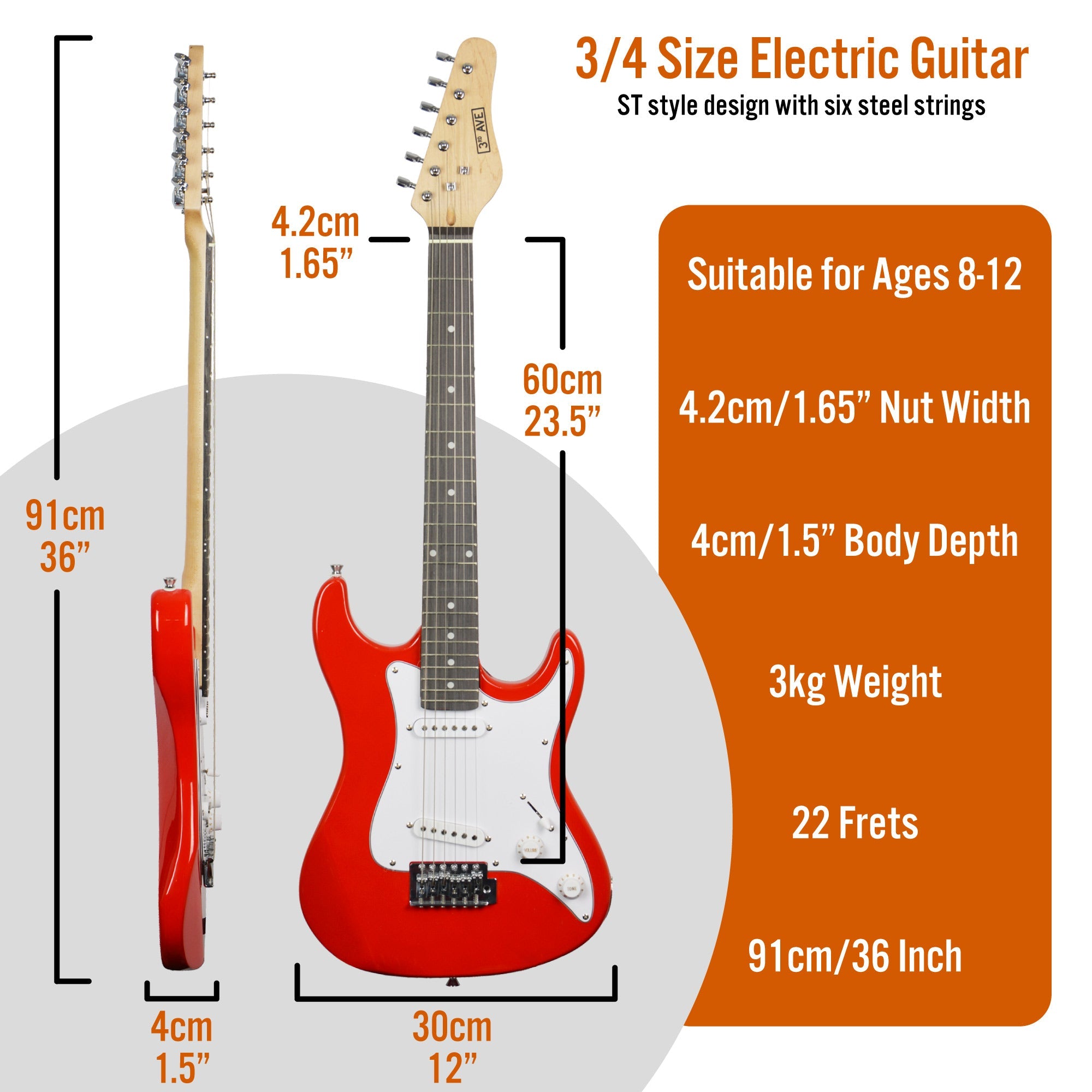 3rd Avenue 3/4 Size Electric Guitar - Red 3