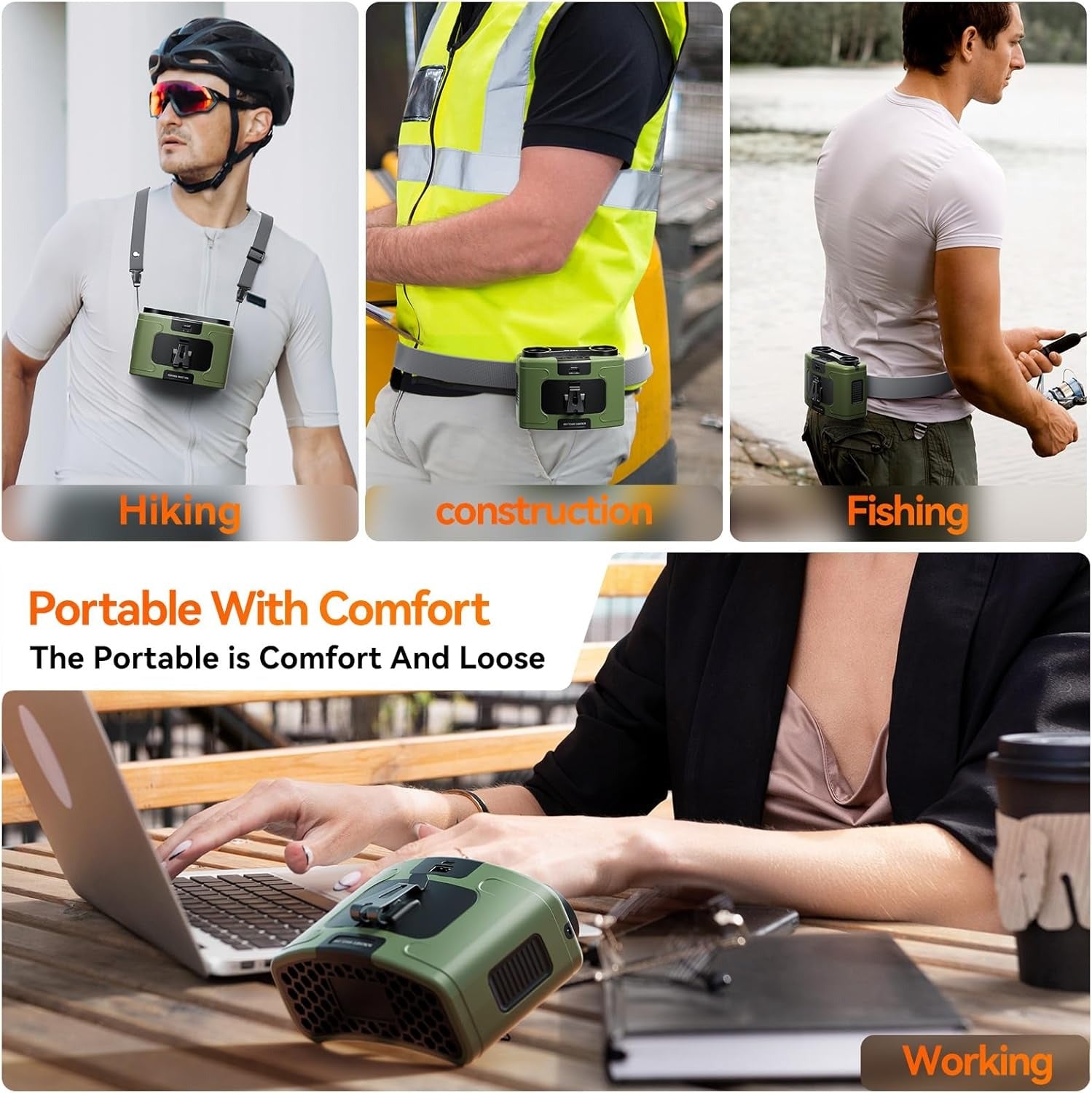 20000mAh Outdoor Portable Waist Fan Hanging Neck Fan Strong Wind with Power Bank LED Lighting for Sports Courier Outdoor Working (Green) 4