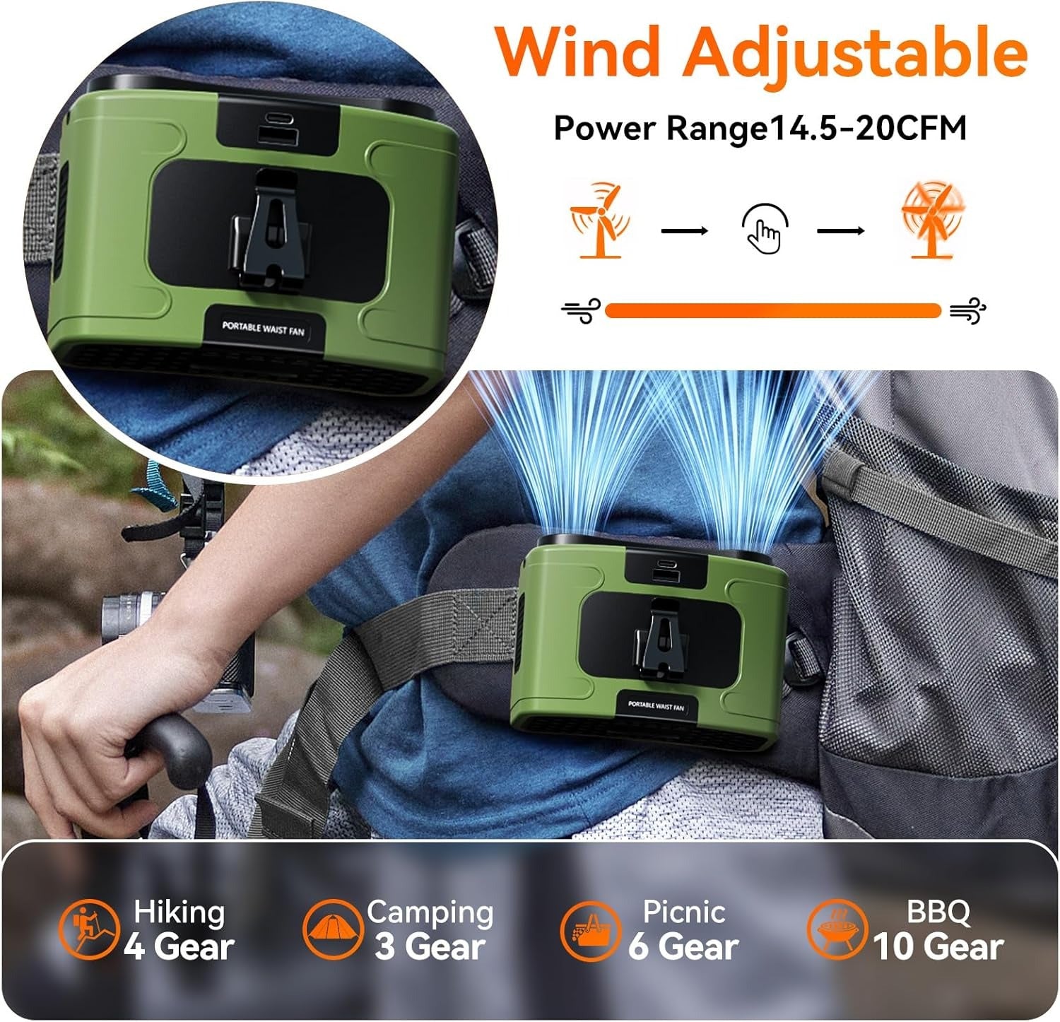 20000mAh Outdoor Portable Waist Fan Hanging Neck Fan Strong Wind with Power Bank LED Lighting for Sports Courier Outdoor Working (Green) 6