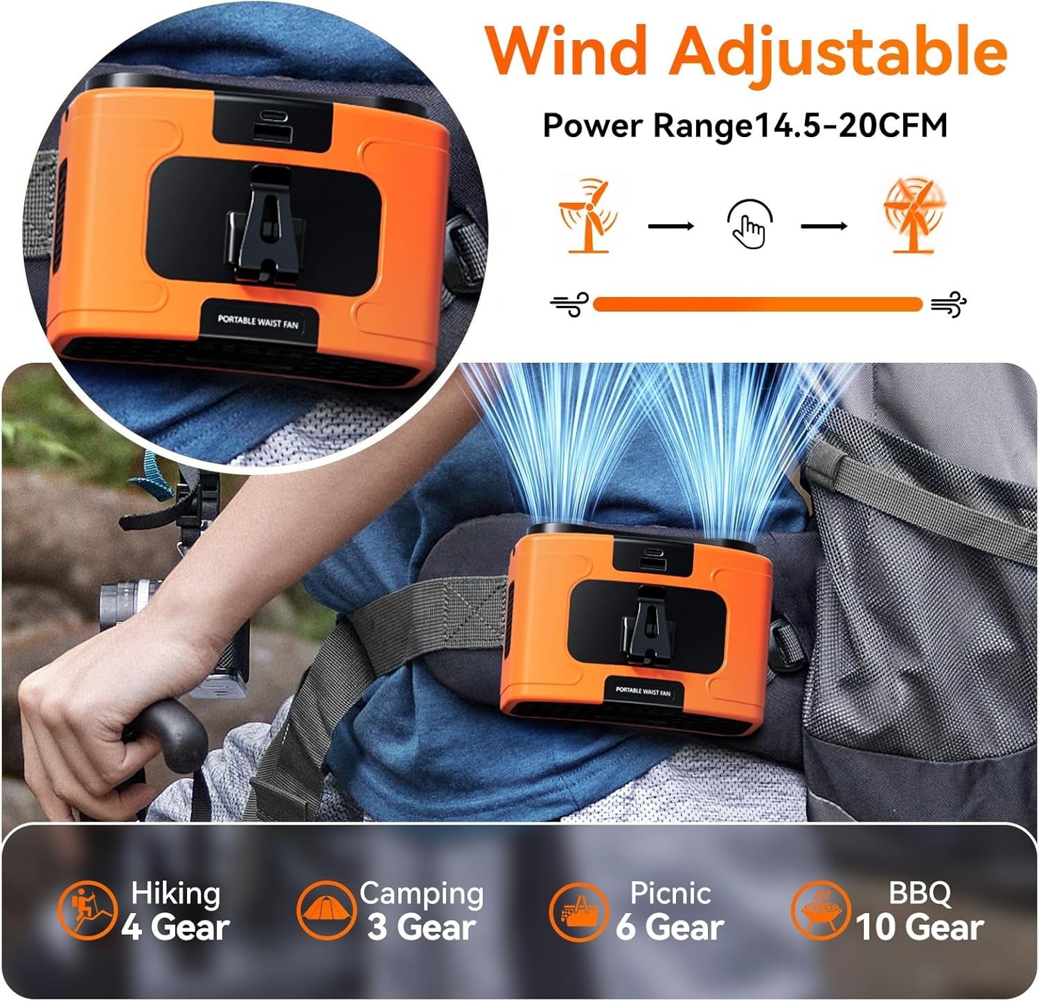 20000mAh Outdoor Portable Waist Fan Hanging Neck Fan Strong Wind with Power Bank LED Lighting for Sports Courier Outdoor Working (Orange) 4