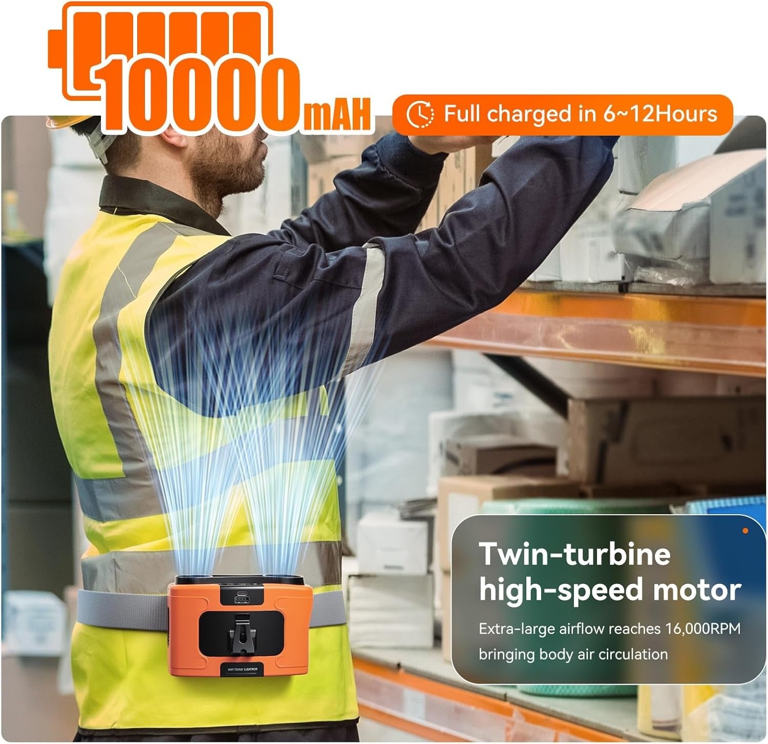 20000mAh Outdoor Portable Waist Fan Hanging Neck Fan Strong Wind with Power Bank LED Lighting for Sports Courier Outdoor Working (Orange) 6
