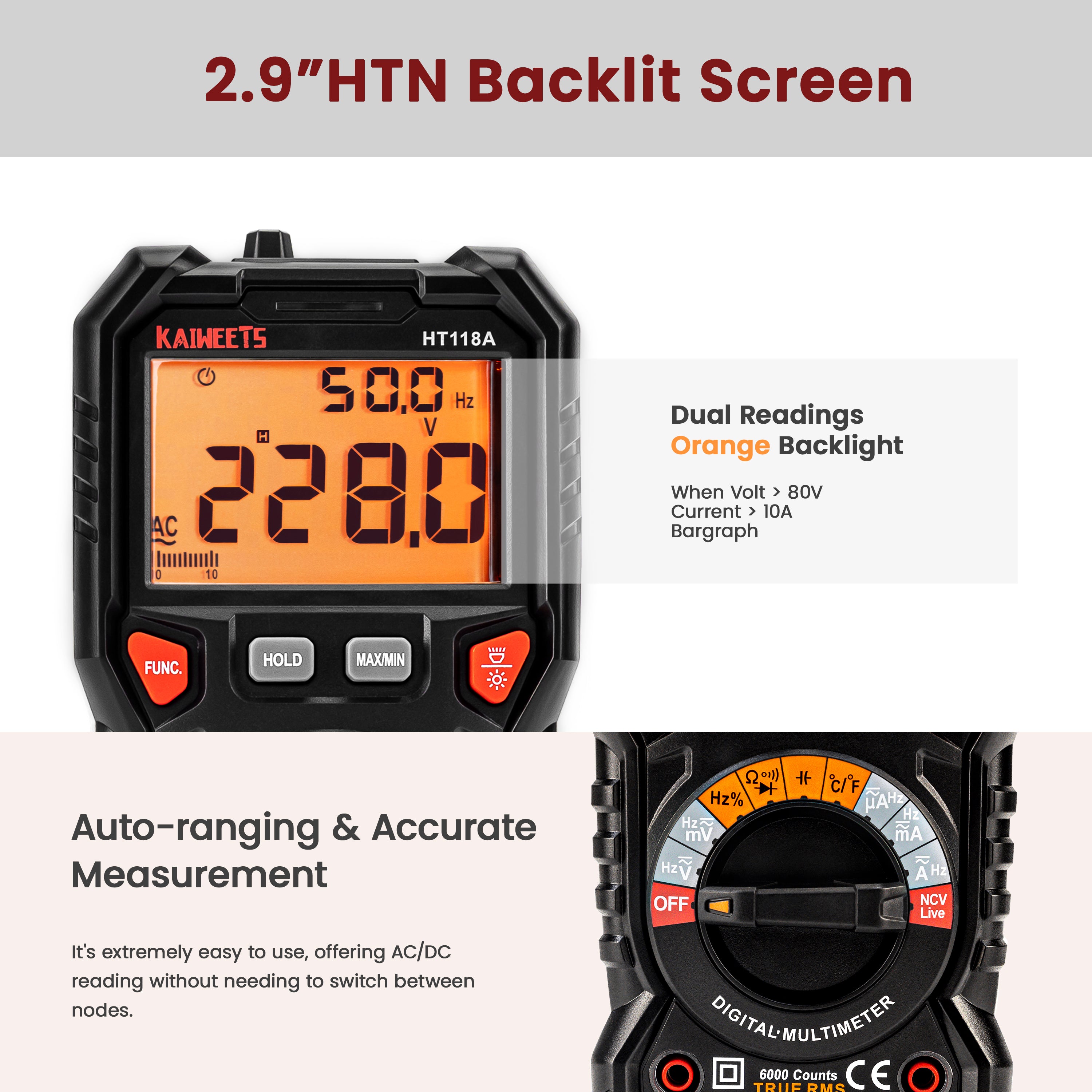 KAIWEETS Digital Multimeter TRMS 6000 Counts Voltmeter Auto-Ranging Fast Accurately Measures Voltage Current Amp Resistance Diodes Continuity Duty-Cycle Capacitance Temperature for Automotive 3