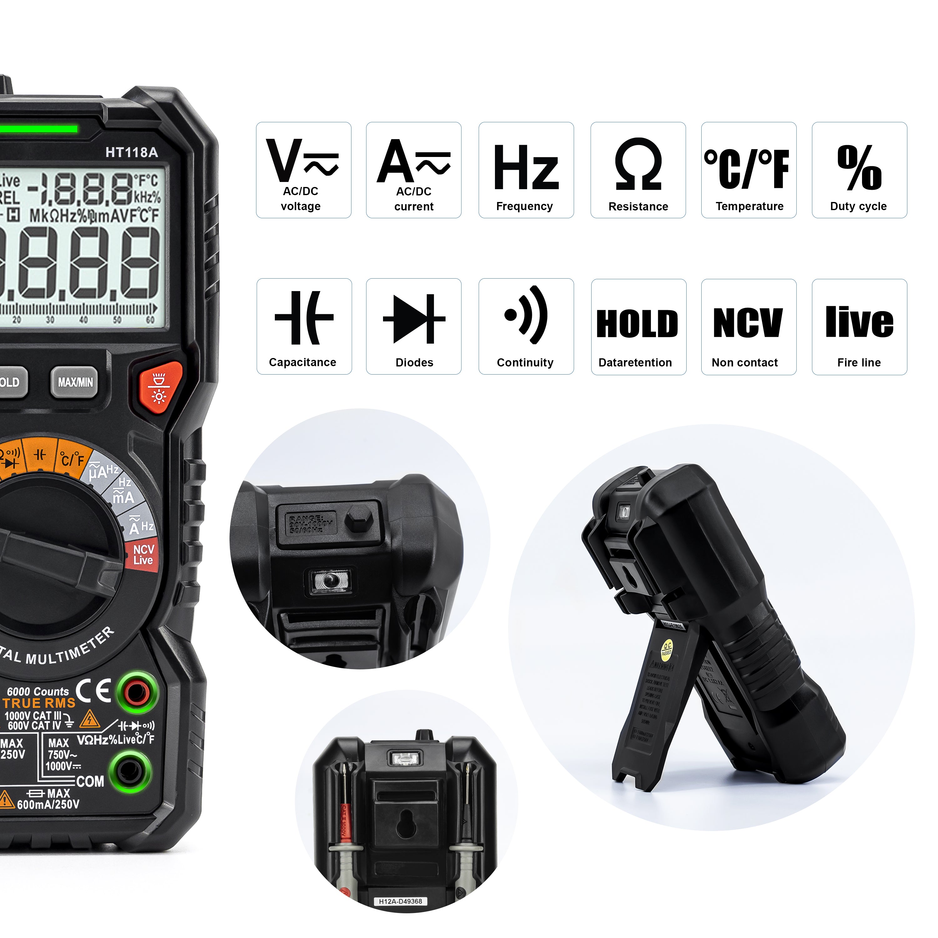 KAIWEETS Digital Multimeter TRMS 6000 Counts Voltmeter Auto-Ranging Fast Accurately Measures Voltage Current Amp Resistance Diodes Continuity Duty-Cycle Capacitance Temperature for Automotive 4