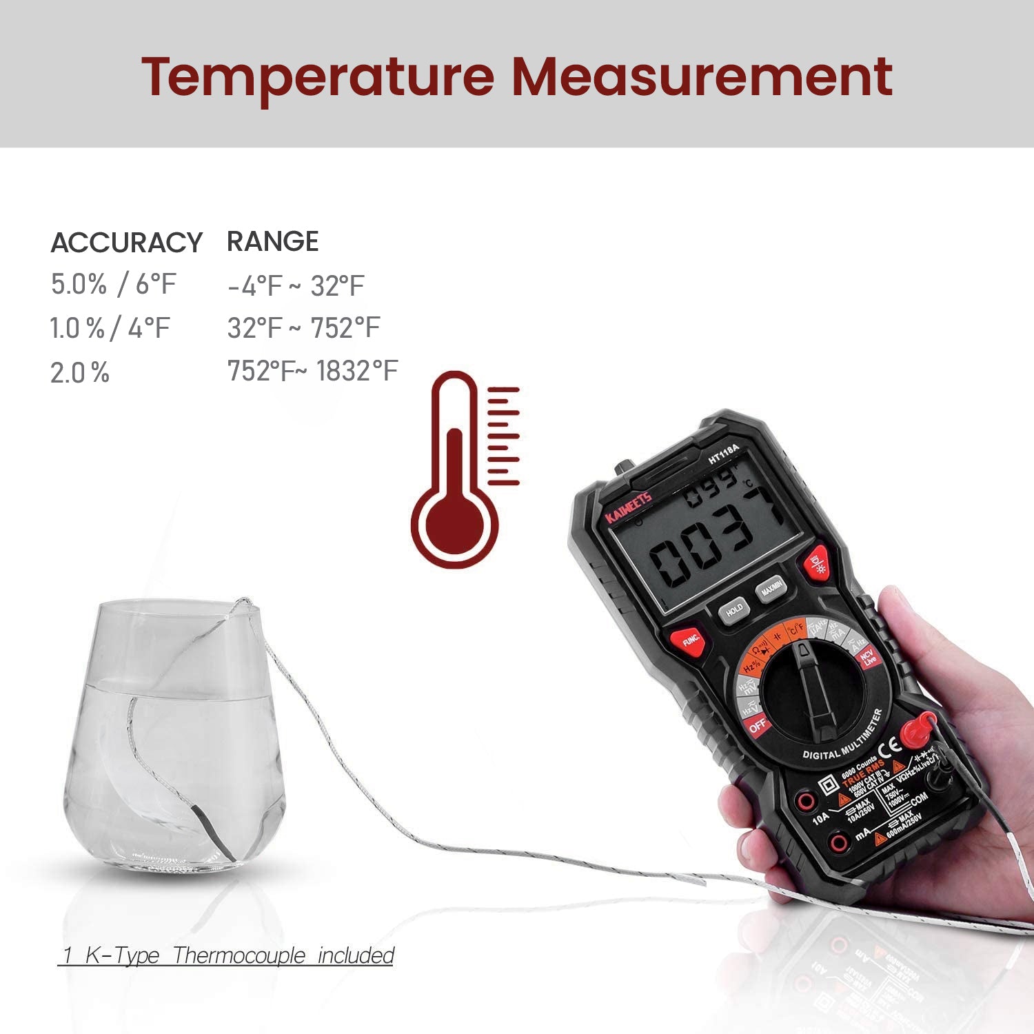 KAIWEETS Digital Multimeter TRMS 6000 Counts Voltmeter Auto-Ranging Fast Accurately Measures Voltage Current Amp Resistance Diodes Continuity Duty-Cycle Capacitance Temperature for Automotive 6