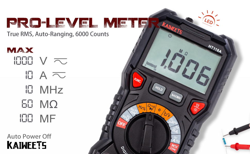 KAIWEETS Digital Multimeter TRMS 6000 Counts Voltmeter Auto-Ranging Fast Accurately Measures Voltage Current Amp Resistance Diodes Continuity Duty-Cycle Capacitance Temperature for Automotive 8