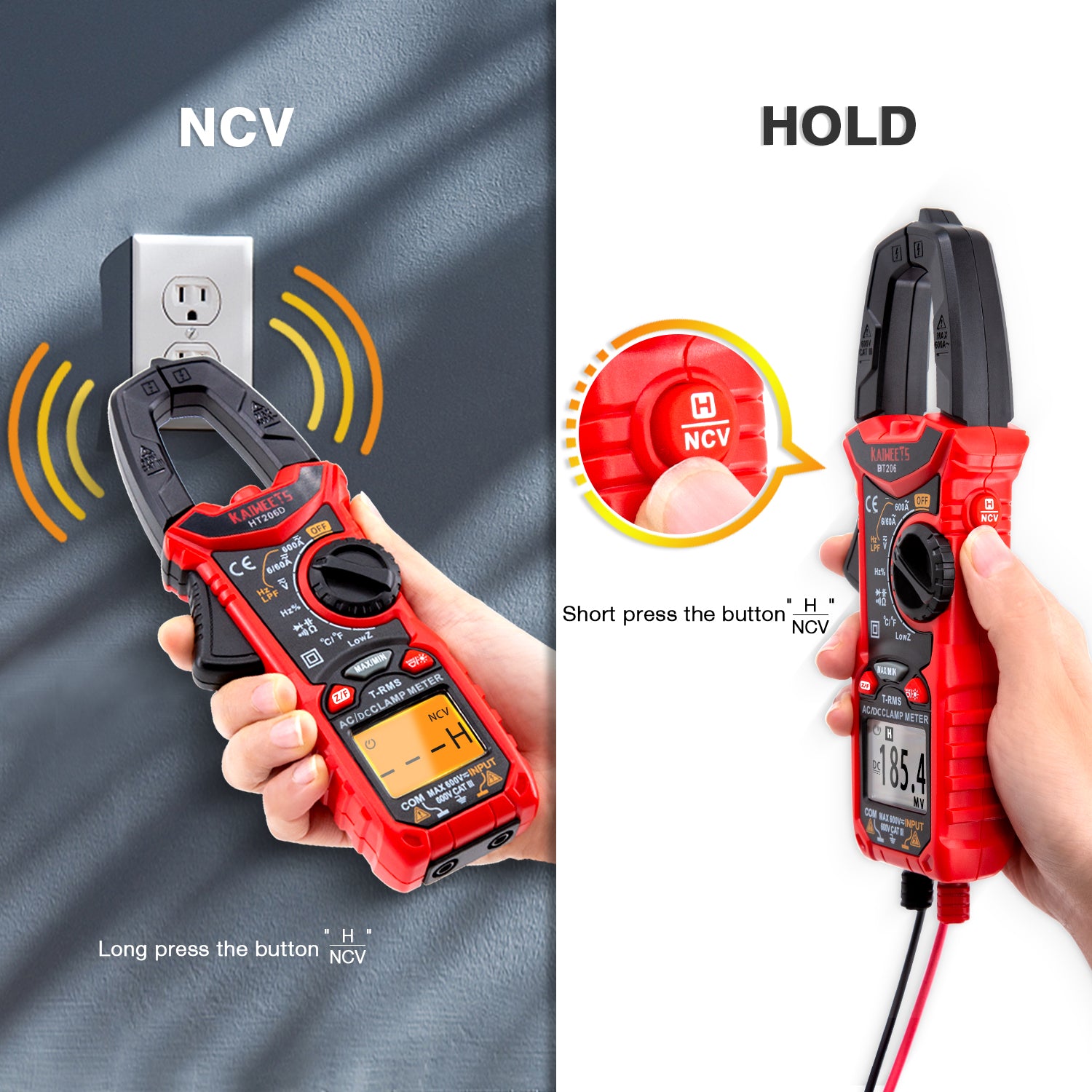 KAIWEETS HT206D Digital Clamp Meter T-RMS 6000 Counts, Multimeter Voltage Tester Auto-ranging, Measures Current Voltage Temperature Capacitance Resistance Diodes Continuity Duty-Cycle (AC/DC Current) 3