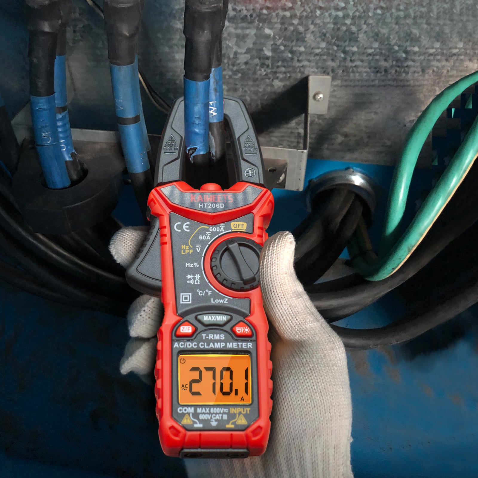 KAIWEETS HT206D Digital Clamp Meter T-RMS 6000 Counts, Multimeter Voltage Tester Auto-ranging, Measures Current Voltage Temperature Capacitance Resistance Diodes Continuity Duty-Cycle (AC/DC Current) 4