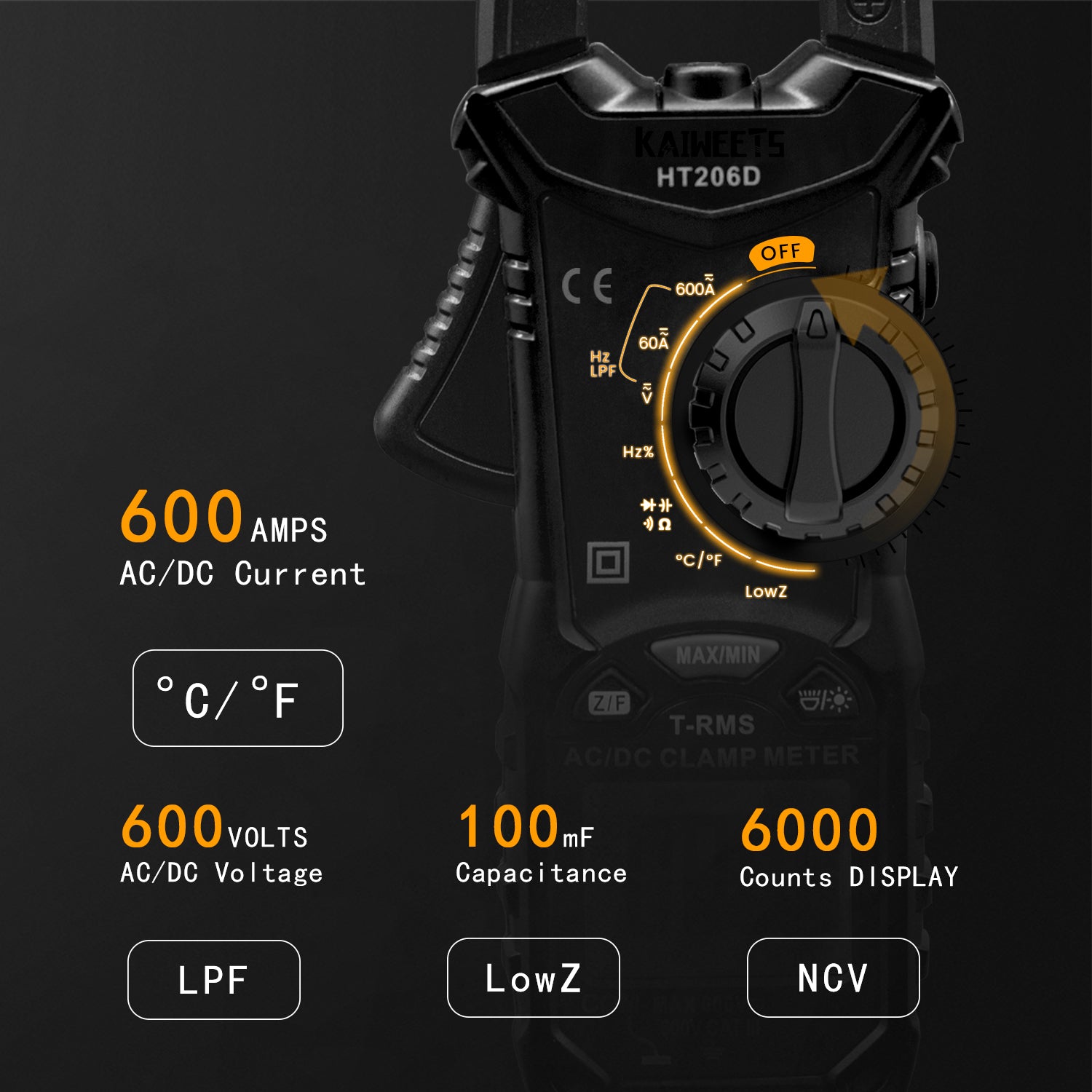 KAIWEETS HT206D Digital Clamp Meter T-RMS 6000 Counts, Multimeter Voltage Tester Auto-ranging, Measures Current Voltage Temperature Capacitance Resistance Diodes Continuity Duty-Cycle (AC/DC Current) 5