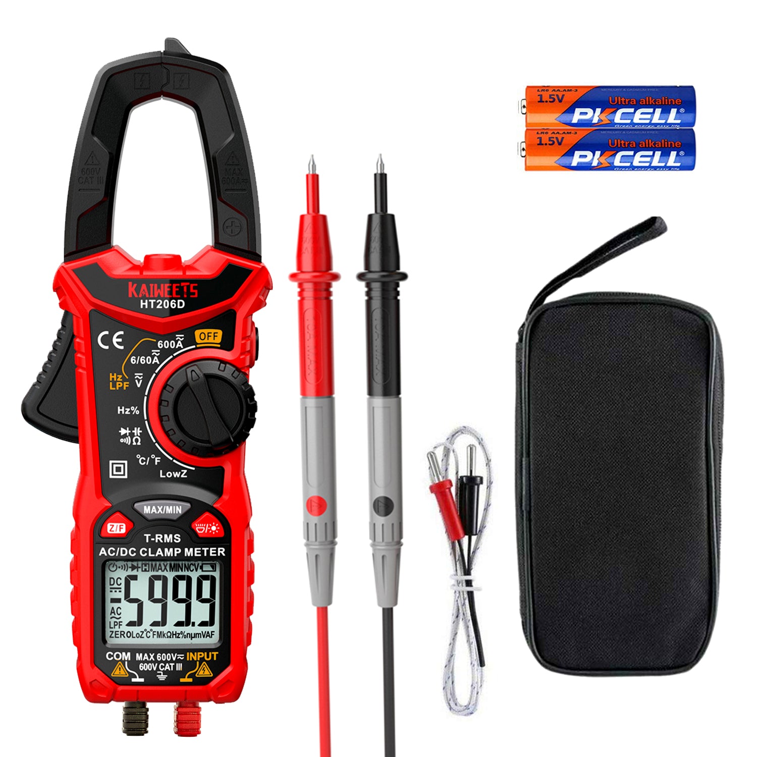 KAIWEETS HT206D Digital Clamp Meter T-RMS 6000 Counts, Multimeter Voltage Tester Auto-ranging, Measures Current Voltage Temperature Capacitance Resistance Diodes Continuity Duty-Cycle (AC/DC Current) 6