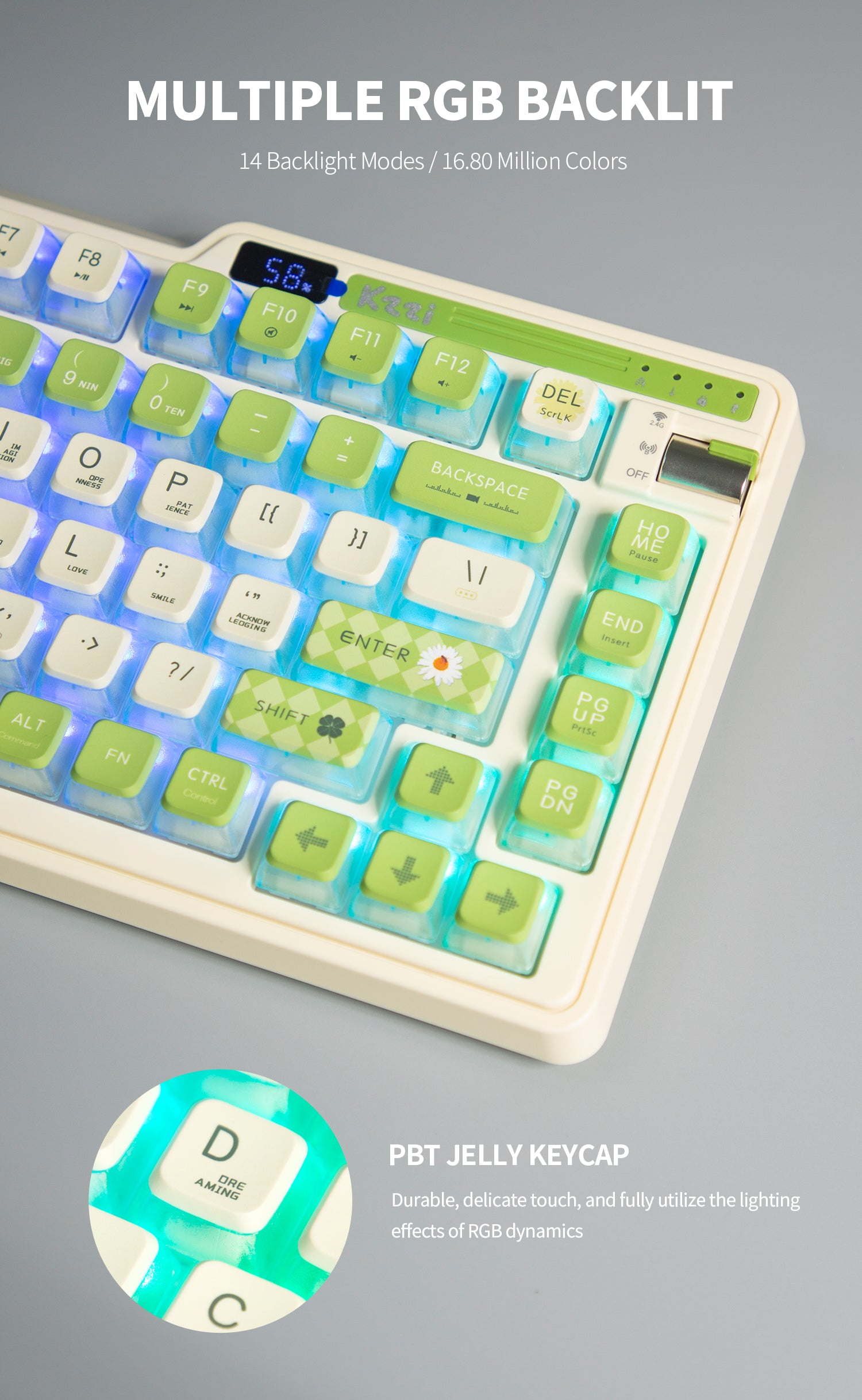 KZZI K75 PRO RGB 75% Wireless Gasket Mechanical Lemon Green Keyboard, Triple Mode, Eternity Tactile Switch 9