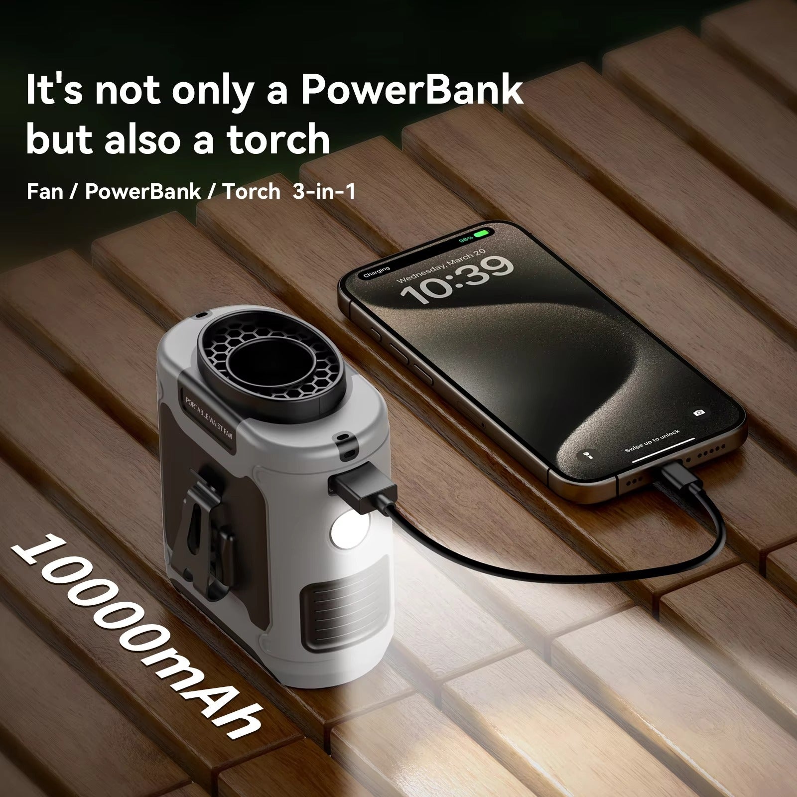 10000mAh Portable Outdoor Waist Fan Hanging Neck Strong Wind with Power Bank LED Lighting for Emergency Sports Outdoor Working 4
